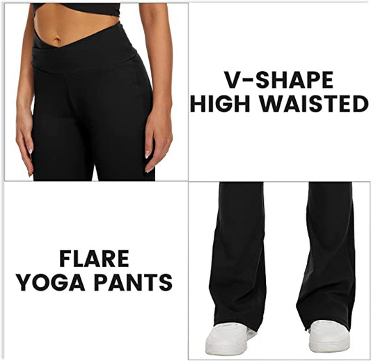 Schwarze Flare-Yogahose für Damen, Crossover-Leggings mit hoher Taille und lässigem Bootcut